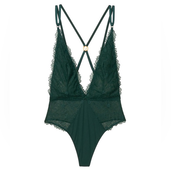 LOVE by Victoria Unlined Dark Ivy Green Plunge Strappy Lace Teddy Bodysuit - Picture 3 of 11